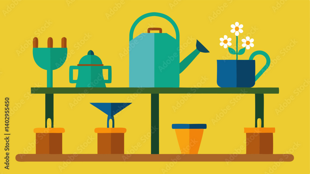 Poster Gardening Workshop Tools An array of tools specifically designed for easy handling such as wide grip trowels and watering cans with large handles arranged neatly on a workbench.