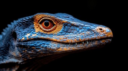 A close-up of a velociraptor head meticulously embroidered with intricate stitching, showcasing grey scales and a vibrant orange eye.