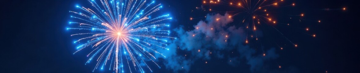 Sparkling blue firework detonates in sky, vibrant colors spread out, dynamic explosion, firework, detail