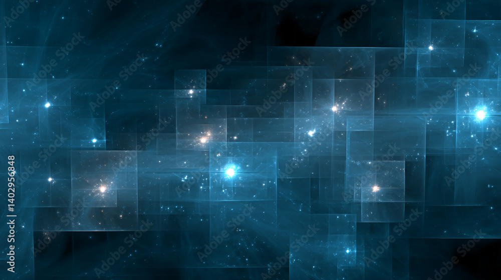 Poster abstract blue image with glowing squares and nebula-like texture, suggesting a futuristic or cosmic 