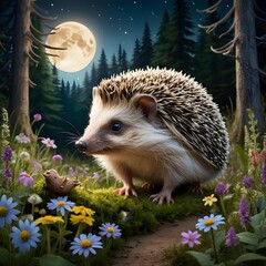Hedgehog in Moonlight Meadow