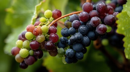 Freshly picked grapes glisten with dew in the vineyard during the early morning sun
