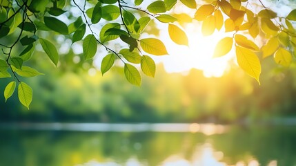 Obraz premium Tranquil river reflecting soft sunlight, a serene natural moment. Minimalism in nature's simplicity and calm. 