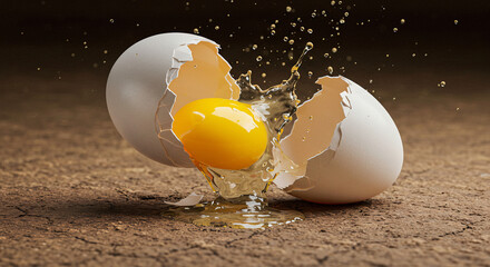 Chicken egg falling and breaking on the ground.
