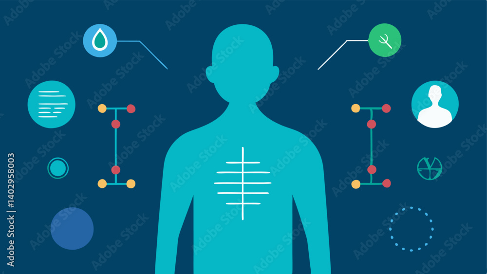 Poster user profile a silhouette of a person with highlights of their genetic and microbiome data around th