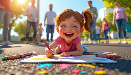 Joyful little girl lying on the ground drawing with crayons while smiling in a lively park