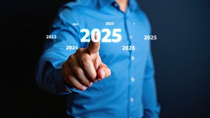 Fototapeta premium Happy New Year 2025, Businessman points toward the year 2025 on a digital timeline, symbolizing future business goals, planning, and strategic growth initiatives. Company strategy, Business target,