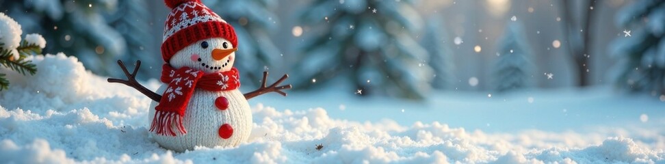 Knitted snowman pattern with intricate details on soft snowy surface, winter, festive, snowflakes