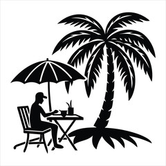 Silhouette of Relaxation Under Palm Tree with Umbrella and Drink