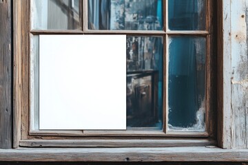 rustic wooden window with blank white square panel, weathered glass and peeling paint. vintage aesthetic with potential for text overlay. architecture and design concept, background or advertisement