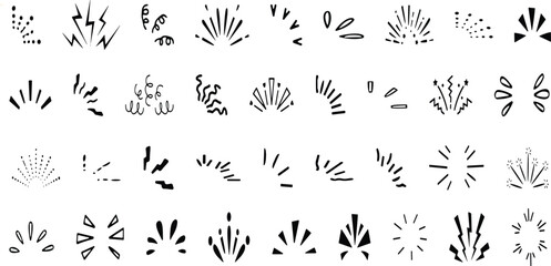 Doodle line sparkles and rays. Hand drawn explosion lines confetti, sun burst, decorative effect surprise elements.