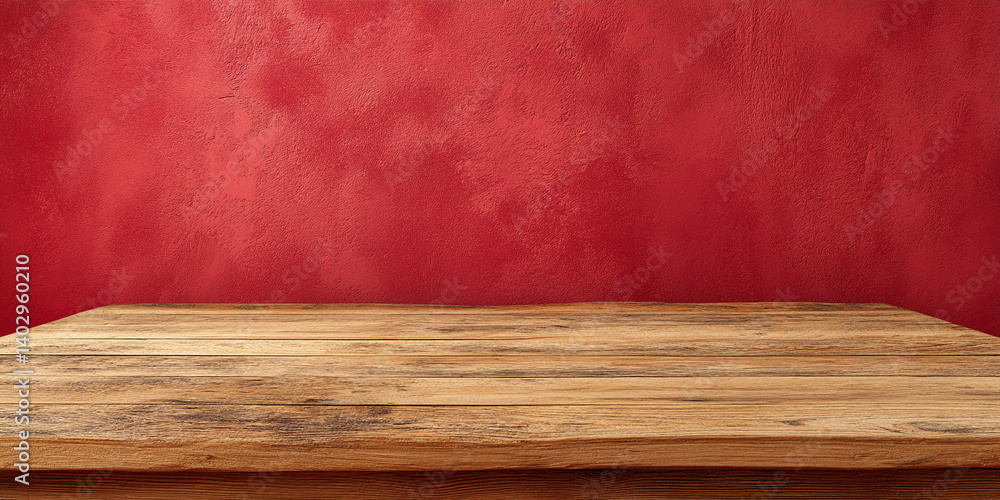 Poster rustic wooden table against a red textured wall, showcasing a blank space ideal for product placemen