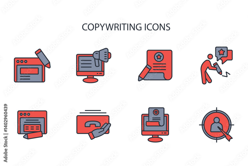 Poster copywriting icon set.vector.editable stroke.linear style sign for use web design,logo.symbol illustr