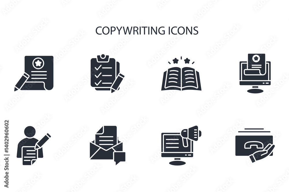 Poster copywriting icon set.vector.editable stroke.linear style sign for use web design,logo.symbol illustr