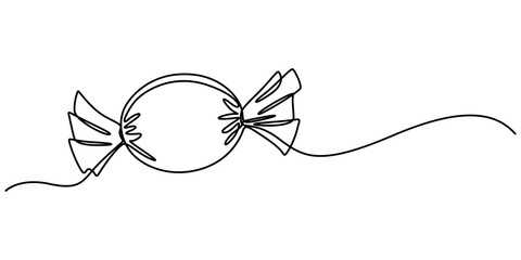 Obraz premium One continuous line illustration of a candy, isolated on white background. Line art of candy, Minimalist design for sweets and dessert themes. Simplified hand-drawn illustration for treats and ammy. 