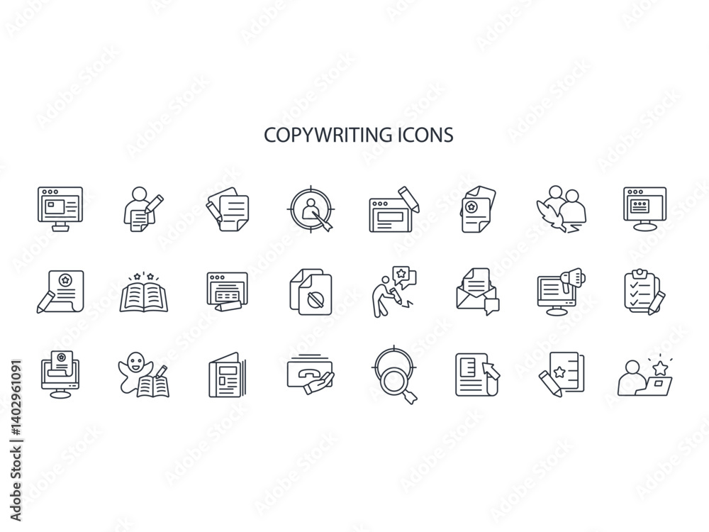 Poster copywriting icon set.vector.editable stroke.linear style sign for use web design,logo.symbol illustr