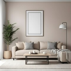 Modern Beige Living Room Interior with Blank Frame