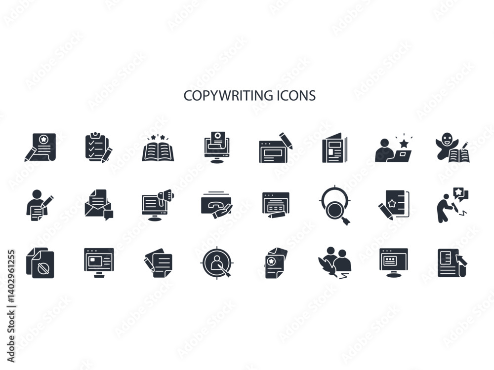 Poster copywriting icon set.vector.editable stroke.linear style sign for use web design,logo.symbol illustr