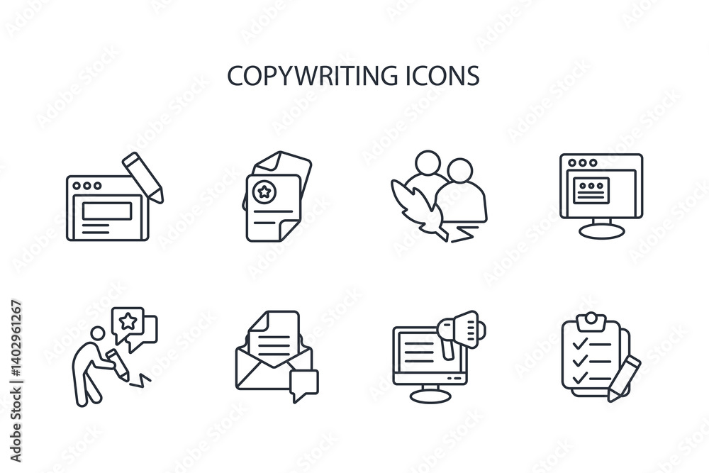 Poster copywriting icon set.vector.editable stroke.linear style sign for use web design,logo.symbol illustr