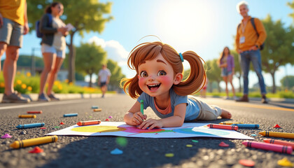 Cheerful little girl lying on the pavement coloring with crayons while smiling in a sunny street