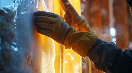 Insulation worker installing fiberglass panels. Featuring efficiency and safety