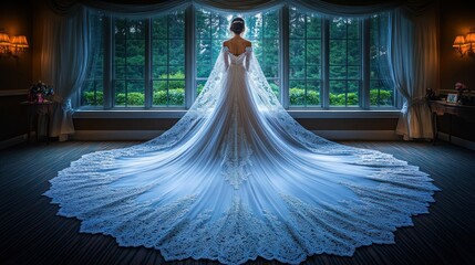 Bride in stunning wedding gown, gazing out large window