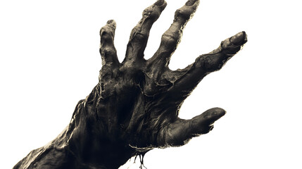 Fototapeta premium Close-up of a decaying, dark hand reaching out against a white background. The texture is rough and ominous, suggesting horror or fantasy.