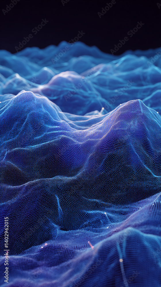 Poster abstract blue digital landscape, composed of glowing points forming wave-like structures, suggesting