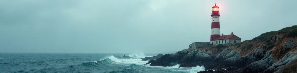Vintage lighthouse standing alone on rocky shore with sea fog and waves, seclusion, lighthouse