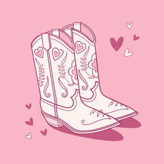 pink cowboy boots and hearts. Wild west, western,  Vector illustration