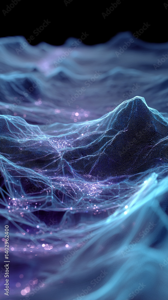 Poster abstract blue and purple glowing mesh texture, creating a flowing, ethereal landscape, symbolizing t