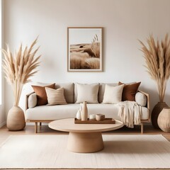Modern Beige Living Room Interior with Pampas Grass