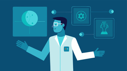 Symptom Analysis A physician uses hand gestures to manipulate a holographic screen filled with graphical representations of symptoms while the patient describes their condition.