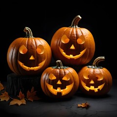 Jack-o'-Lantern Trio on Dark Background