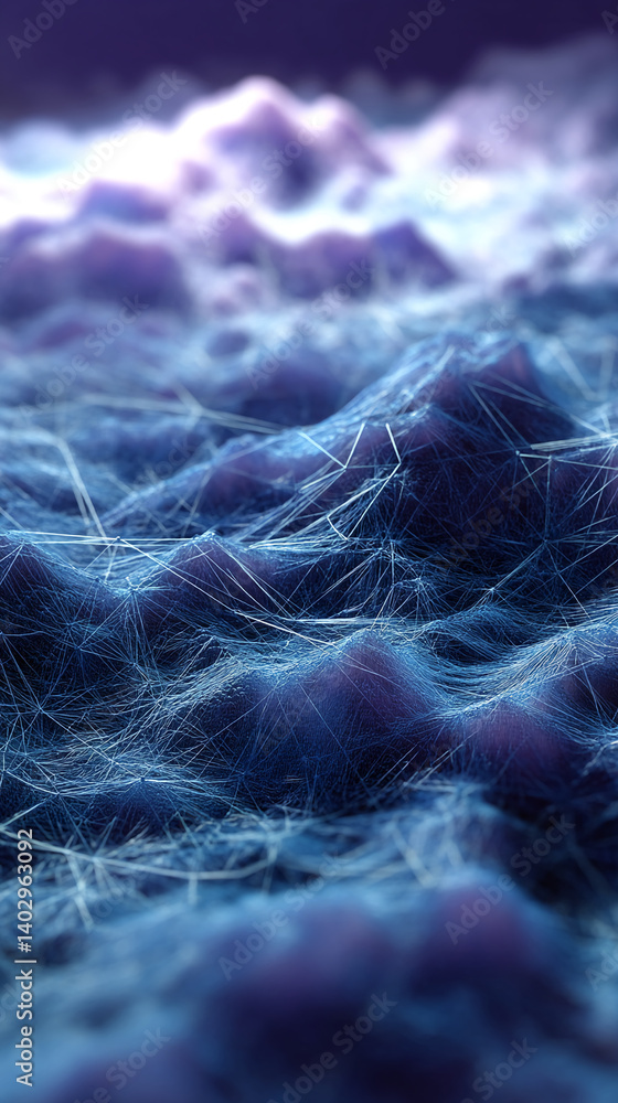 Poster Abstract image of blue textured surface with white lines, creating a network effect.  Represents digital connection, technology, or futuristic landscape