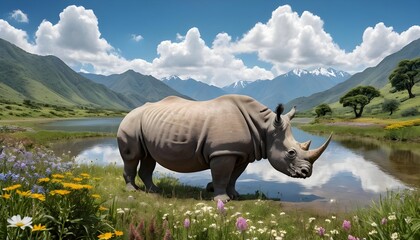 Fototapeta premium White Rhinoceros by Mountain Lake