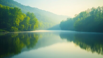 Obraz premium Tranquil river reflecting soft sunlight, a serene natural moment. Minimalism in nature's simplicity and calm. 