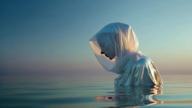 Human Being Deeply Contemplating Existence and Self in Reflecting Pool.