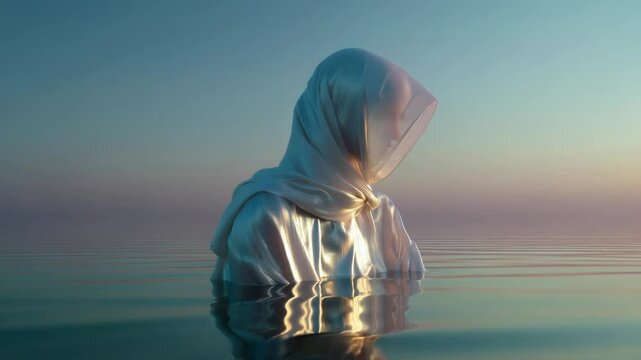 Human Being Deeply Contemplating Existence and Self in Reflecting Pool.