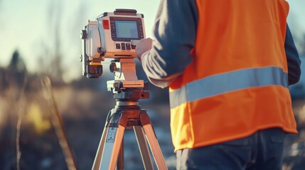 Land surveyor adjusting a total station at a construction site. Featuring precision and mapping
