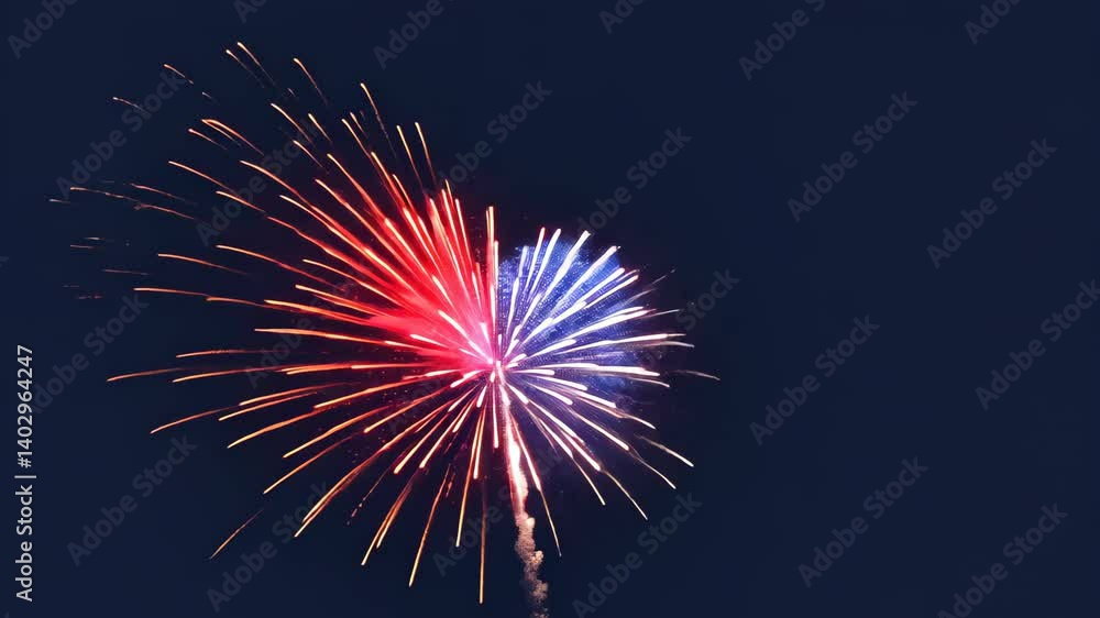 Poster fireworks exploding in a burst of red and blue dots on a dark backdrop. 4th july independence day mo