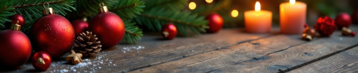 Winter festive scene with ornaments, pinecones, and candles on a wooden table, winter, seasonal