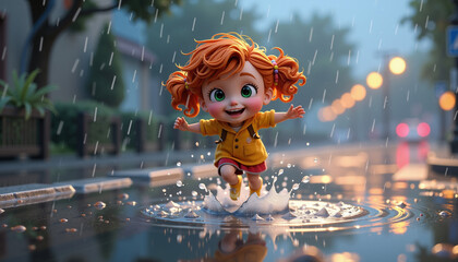 Excited little girl with curly red hair jumping in puddles during a rain shower with a big smile