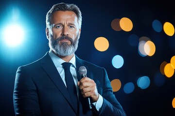 A distinguished man with a beard stands confidently holding a microphone, surrounded by soft, colorful bokeh lights in the background.