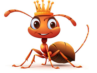 funny cartoon ant wearing golden crown, standing proudly with raised antennae, whimsical insect royalty theme, isolated on white background