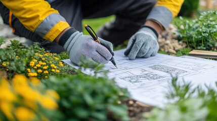 Landscape architect drawing plans for a garden design. Featuring creativity and planning