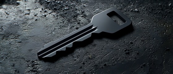 A black key with a silver handle on a dark gray surface.