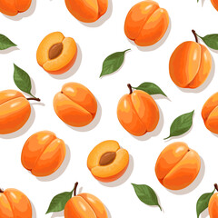 Apricot. Seamless pattern of apricots on a white background. Whole and sliced ​​apricots. The design is great for wallpaper, fabric, labels, packaging.