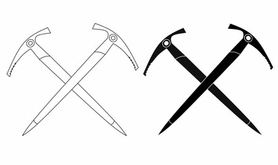 Crossed climbing ice axes outline icon, perfect for mountaineering, adventure gear, hiking, and extreme sports themes. Clean silhouette in modern line style