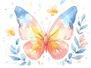 hand-painted watercolor butterfly with pastel wings in pink, yellow, and blue, soft brush strokes and floral elements, isolated on white background